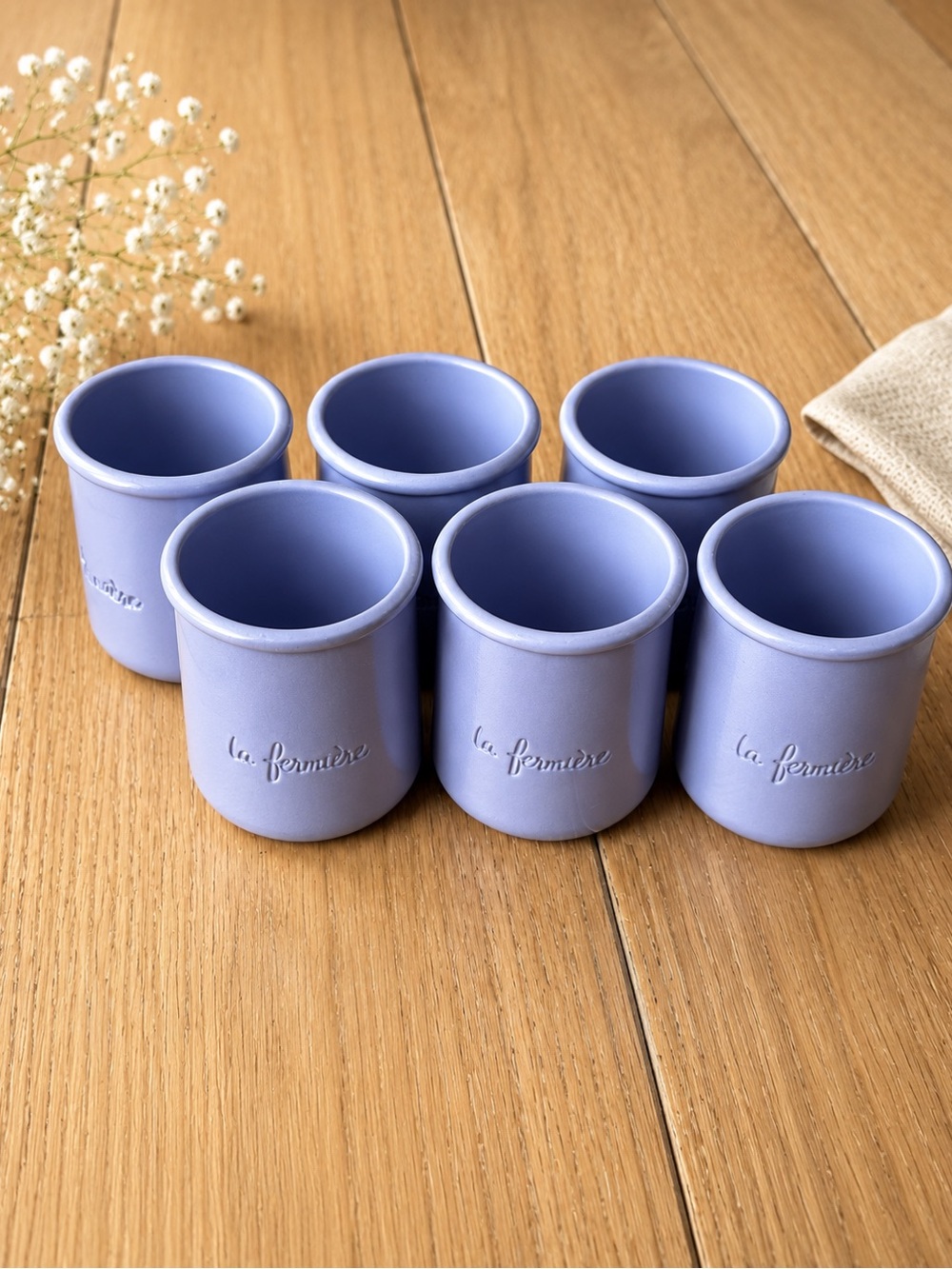 Set of 6 La Fermière Blue French Yogurt Glass Clay Pots Cottagecore Decor